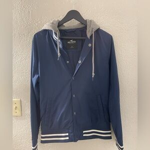Hollister Men's Blue Varsity Jacket with Gray Hood Size Small